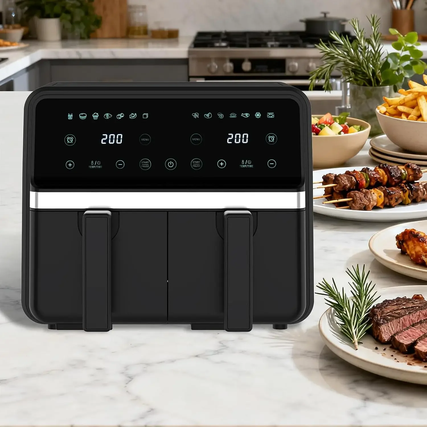 4QT+4QT Dual Basket Air Fryer - Digital Touchscreen, Smart Sync Finish,Auto Shutoff, 2 Independent Nonstick Dishwasher-Safe