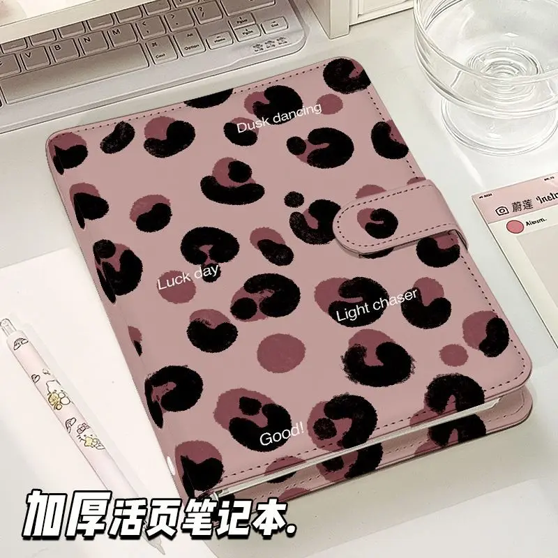 Pink Leopard Print PU Leather A5A6 Loose Leaf Binder Notebook Detachable Magnetic Snap Journal Planner for Students