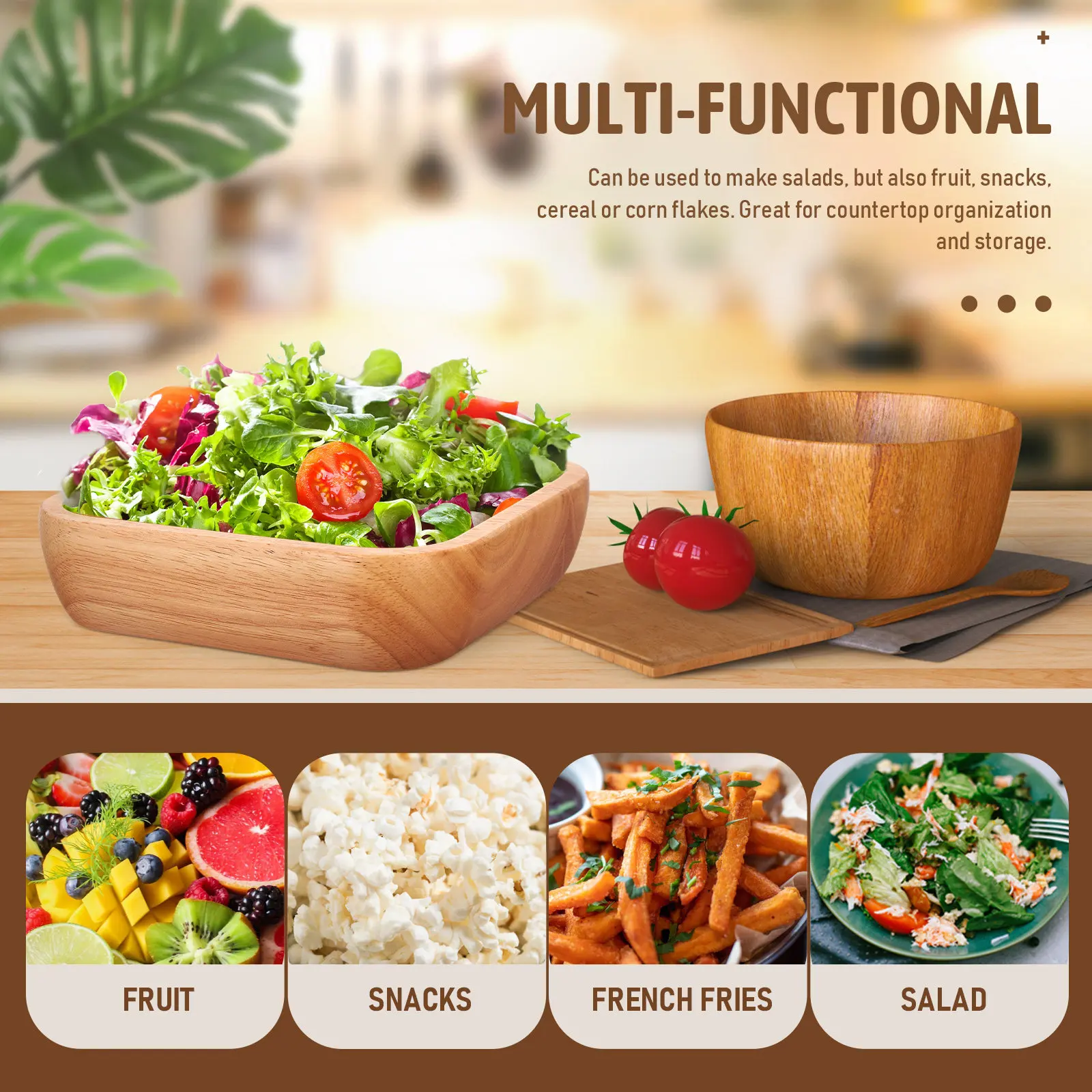 Square Solid Wood Bowl for Salad, Fruit & Kitchen Storage – Smooth, Stain-Resistant, Dishwasher Safe