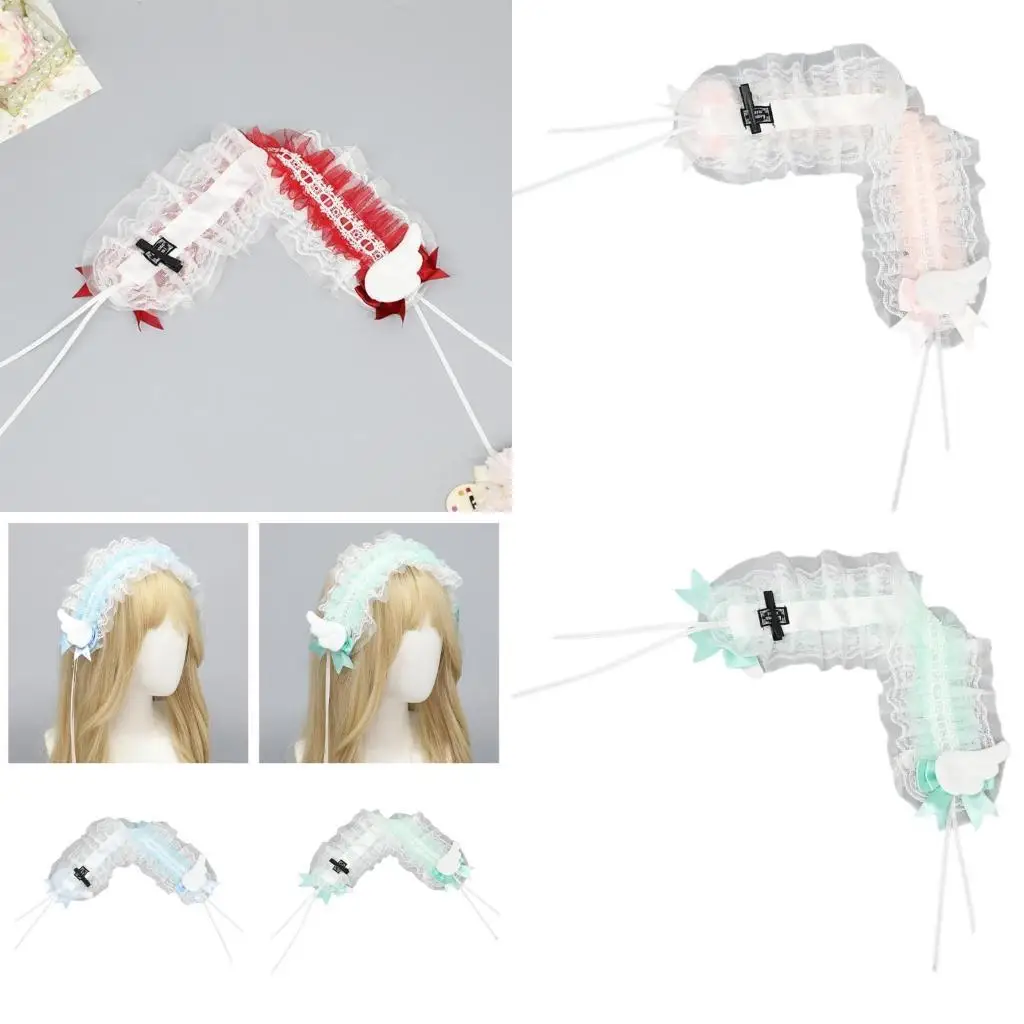 

39BD Wing Bows Lace Headbands for Women Headwear Subculture Ruffled Lace