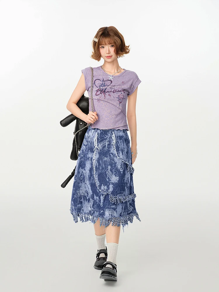 2025 verão novo estilo retro americano borla denim saia para mulheres high-end design sentido nicho de cintura alta saia linha a