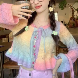 Harajuku Y2k Rainbow Knitted Cardigan Women Kawaii Lace-up Hplloow Out Ruffle Flare Long Sleeve Sweater Coat Casual Knitwear Top