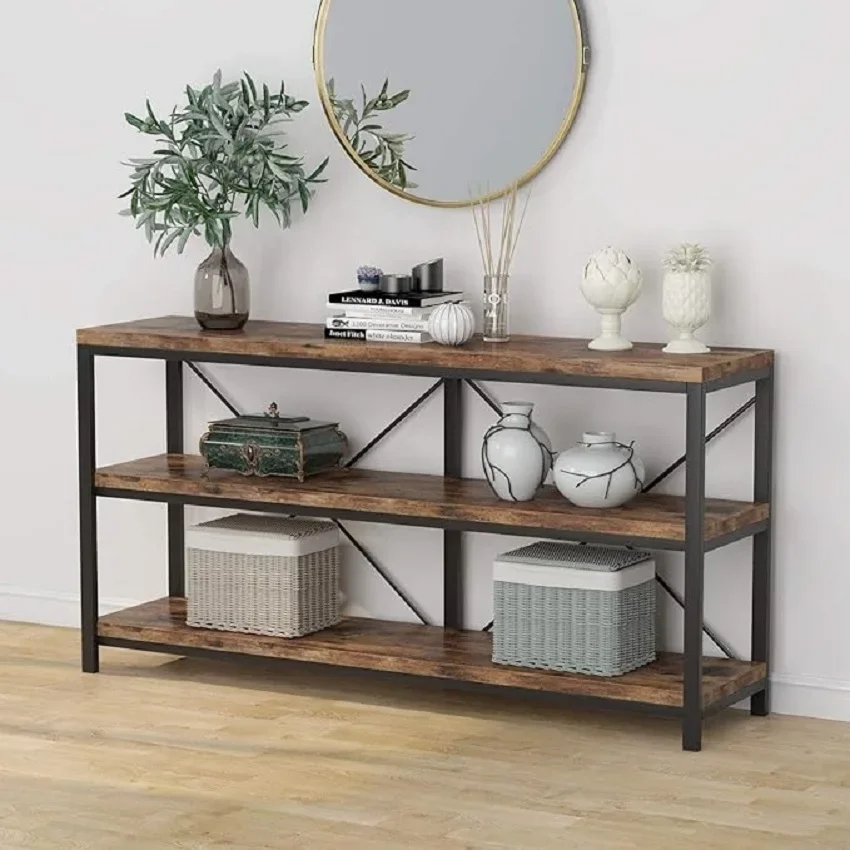 55 Inches Long Sofa Table with Storage Shelves, 3 Tiers Industrial Rustic Console Table, Open TV Shelf for Living Room, Hallway