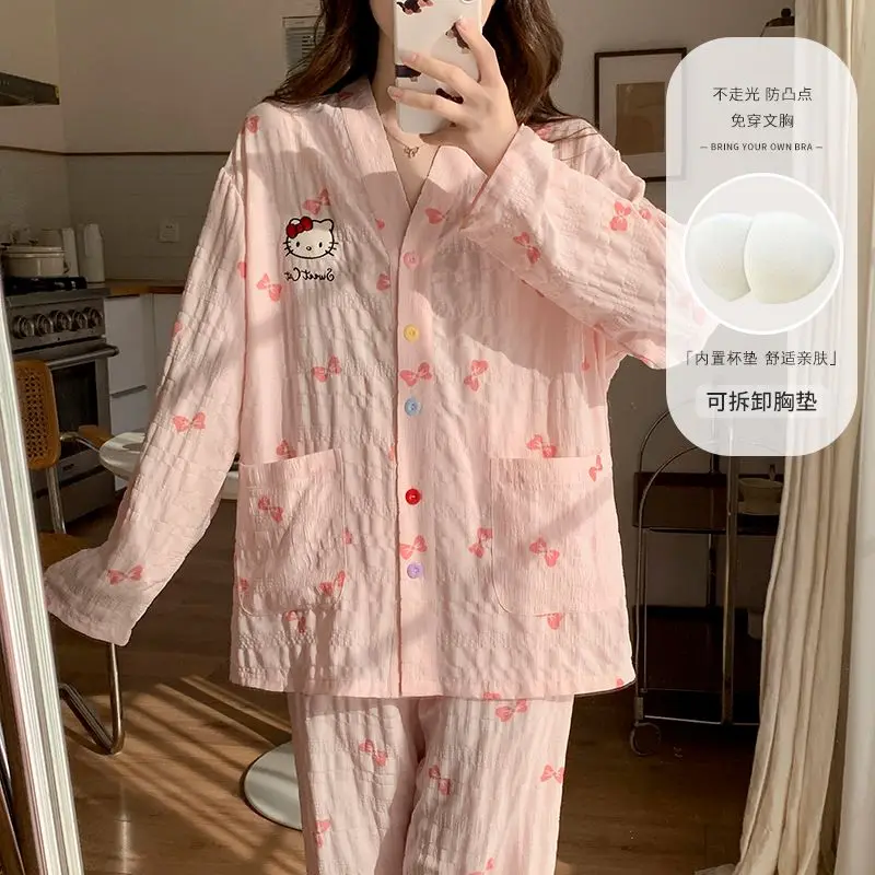 

Розовая хлопковая пижама с рисунком «Hello Kitty» в форме облака и нагрудником для девочек, кардиган, брюки с длинными рукавами, милый комплект домашней одежды