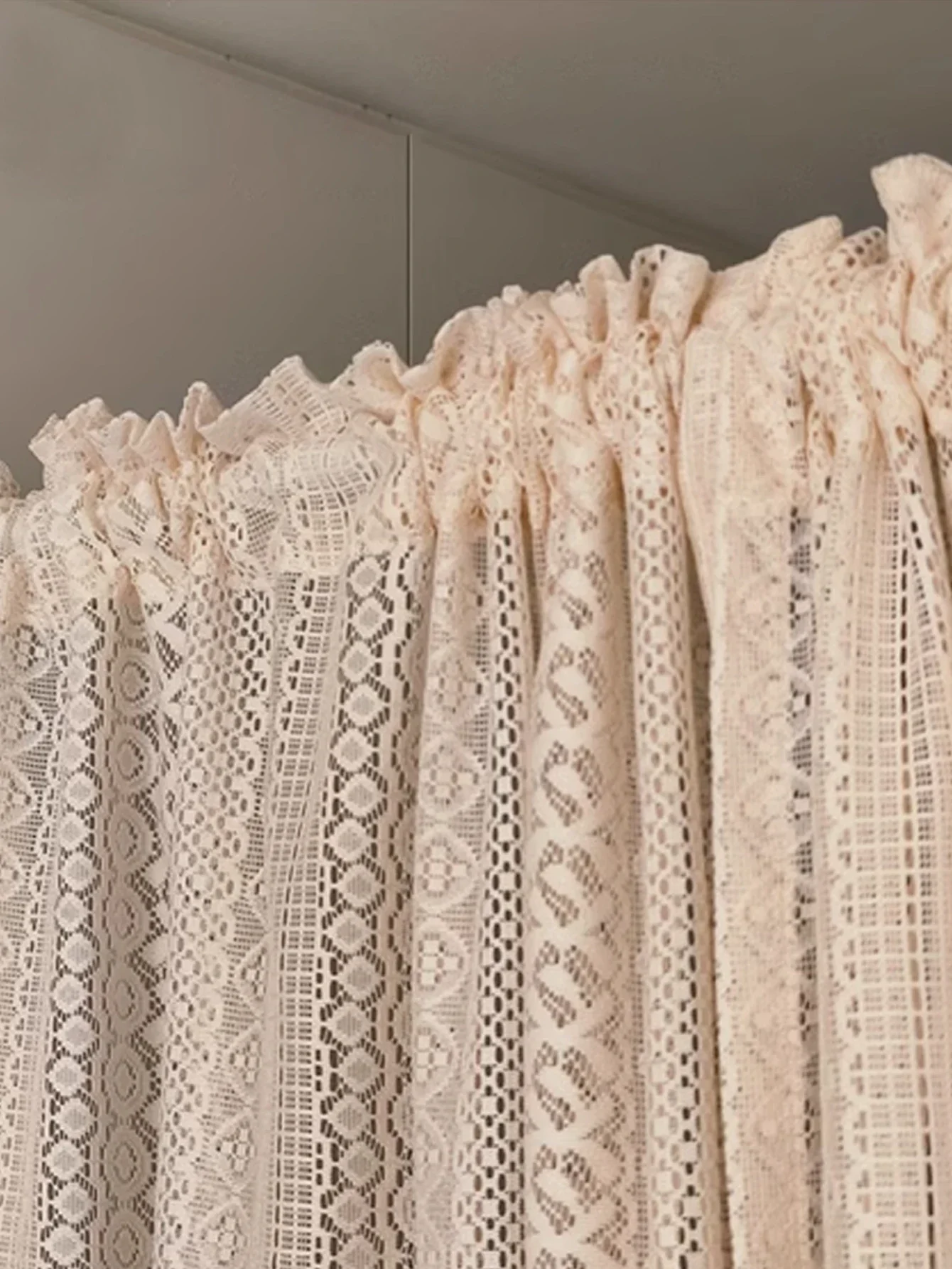Vintage Lace Curtain Cream Beige American country Hole-free Door Curtain Semi-short Curtain Partition