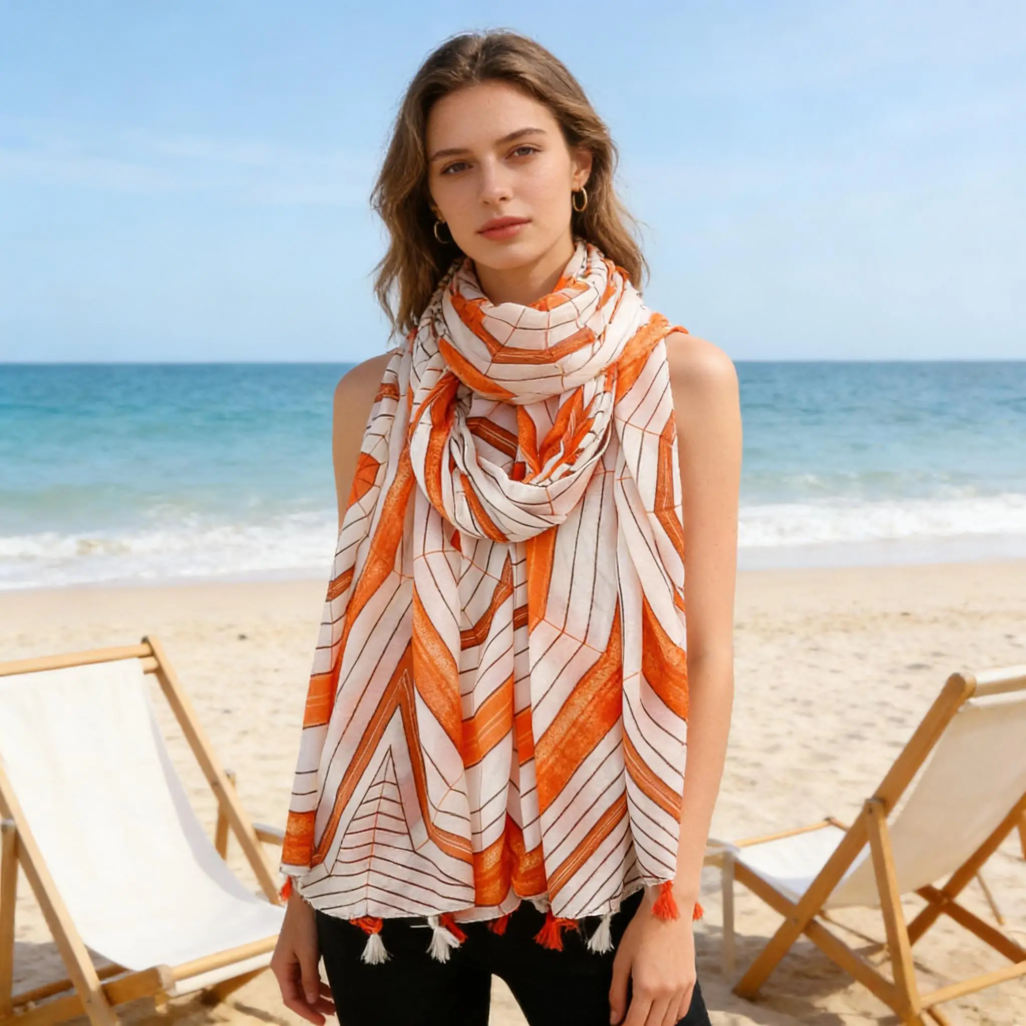 Women's Orange White Geometric Scarf, Lightweight Polyester Neck Scarf, 88x180cm Tassel Shawl, Ideal for Daily & Vacation Wear