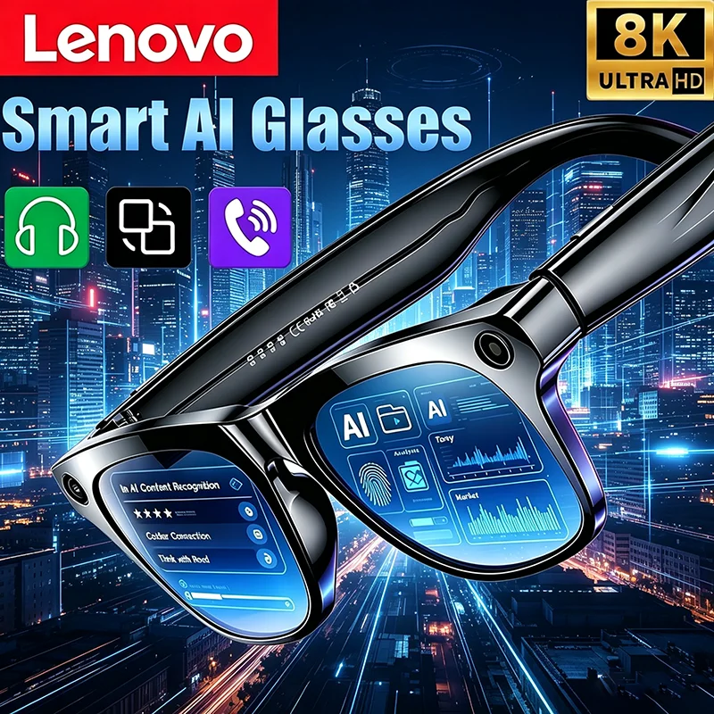 Lenovo 100MP Camera 8K HD Smart Glasses Chat GPT 260mAh Battery Bluetooth Call Voice Assistant Control Smart Glasses for Men