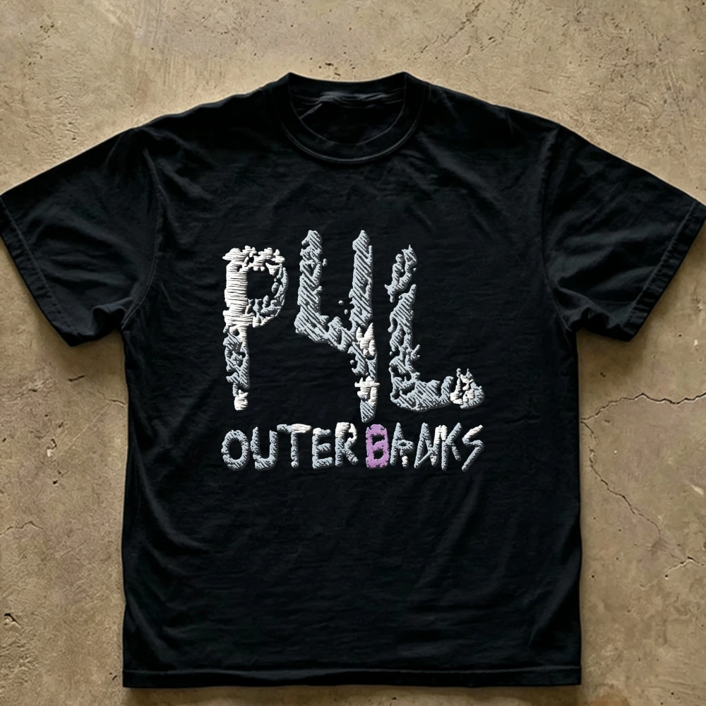 P4L Outer Banks Distressed Graffiti Style Graphic T‑Shirt Casual Cotton Retro TV Show Inspired Letter Print Beach Coastal Tops