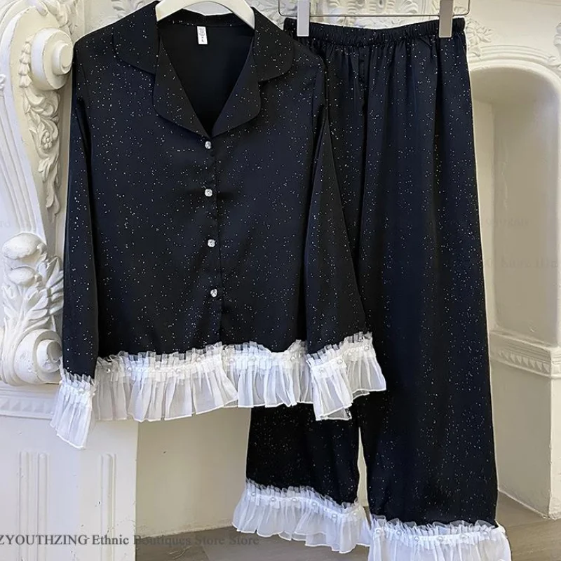 

Весенне-осенняя женская одежда для сна, пижамный комплект из 2 предметов, кружевные брюки во французском стиле с длинными рукавами, пижамный костюм, свободная шелковая атласная домашняя одежда