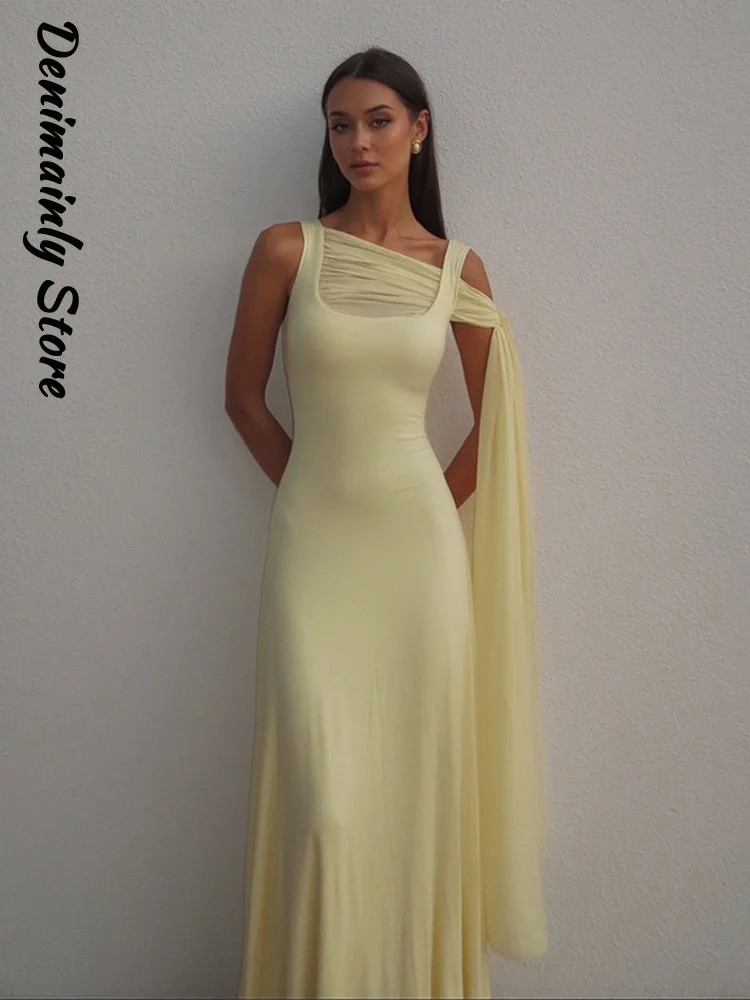 Luz amarela sem mangas maxi vestido feminino 2026 pescoço quadrado malha recorte um ombro cachecol formal festa de noite elegante baile de formatura robe