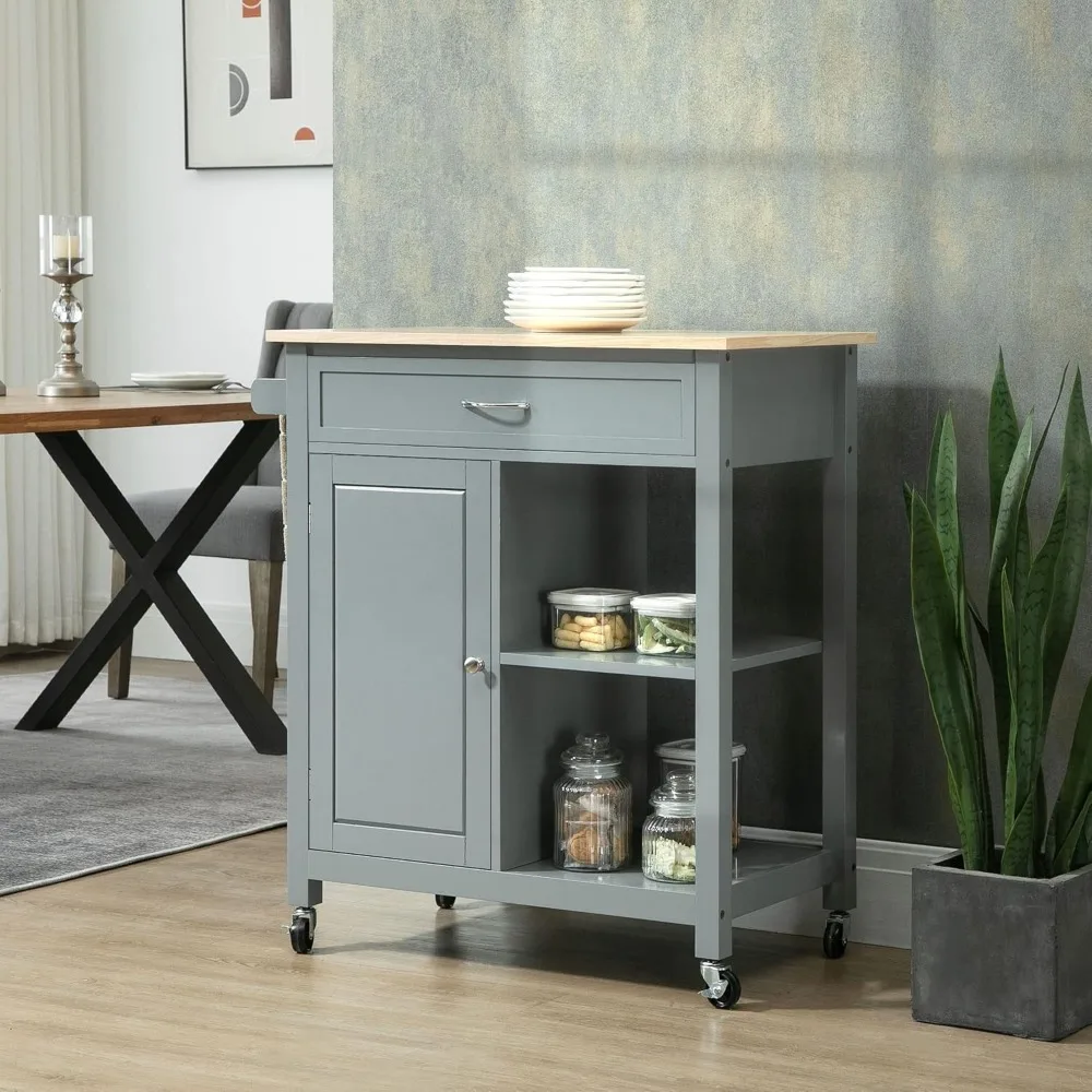 Kitchen Island Cart, Rolling Kitchen Island with Storage Shelf, Solid Wood Top, Drawer, Kitchen Island for Dining Room, Gray