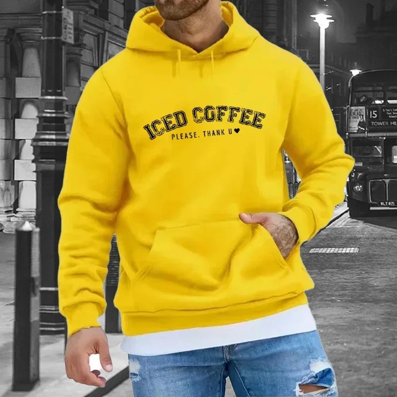 Men's Autumn Iced Coffee Please Thank U Letter Print Hoodies Outdoor Long Sleeve Pullover Tops Sport Clothes