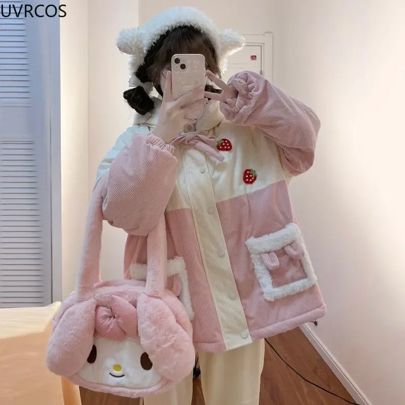 Japanese Sweet Corduroy Parkas Jacket Women Kawaii Y2k Strawberry Embroidery Hooded Outwear Female Autumn Winter Plush Warm Coat - view 2