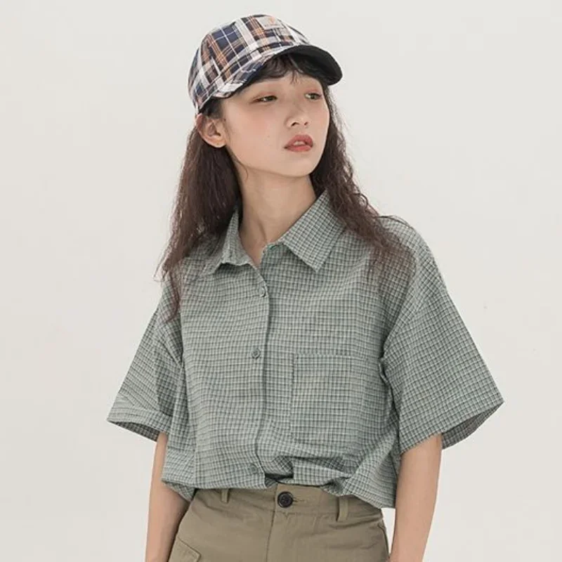 Plaid Shirts Women Short-sleeve All-match Summer Tender Chemise Femme Korean Style Fashion Daily Basic Chic Vintage Casual Retro