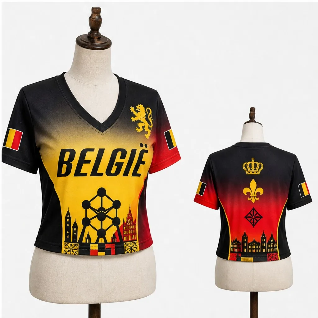 Womens V Neck Cropped Tee Belgium Skyline Crest Graphic Short Sleeve Summer Casual Top With Crown Back Design Daily Outfit Style