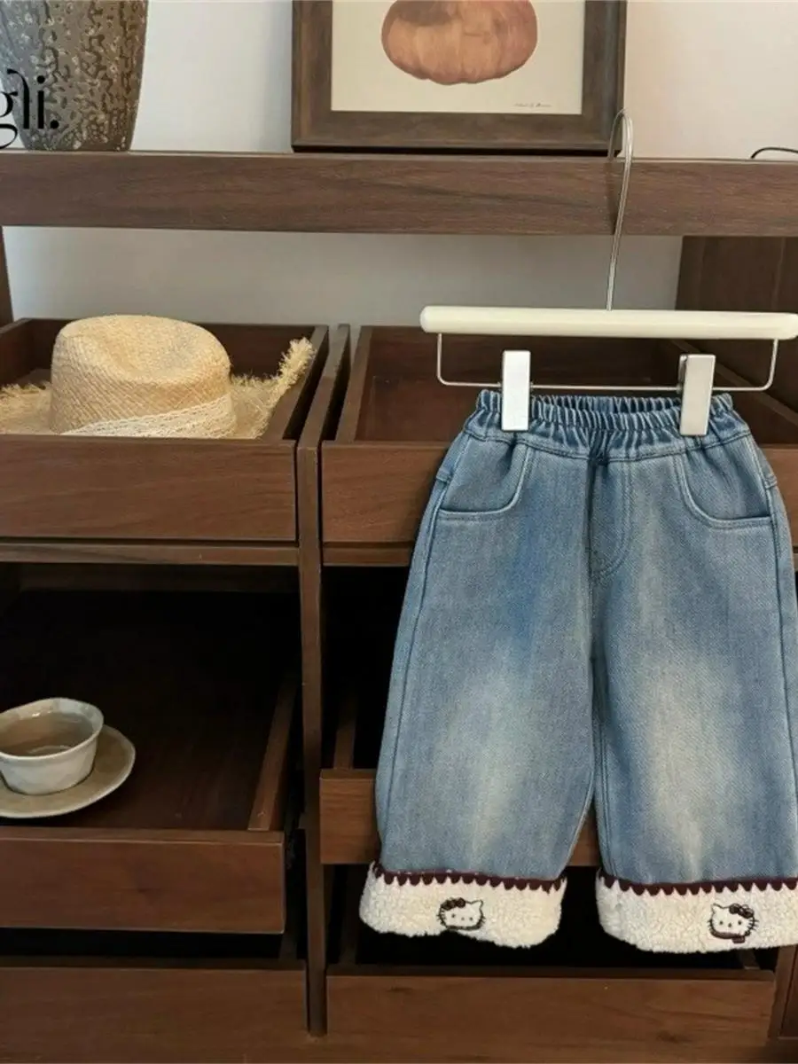 Thiened Fce Winter Straight Leg Jeans for Girls Warm Sli Korean Sle KT Fringed Fur Thiened Faionable Denim Pants