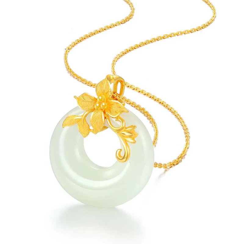 

Natural Hetian jade round necklace pendant luxury exquisite ancient gold craft flower clavicle chain wedding jewelry gift