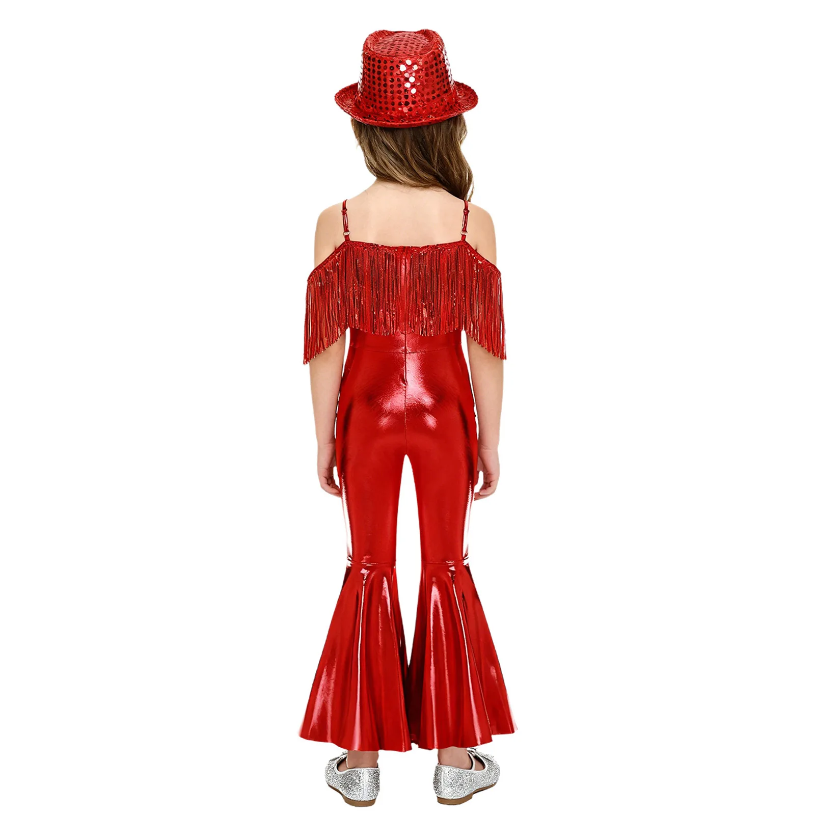 Girls Cowboys Cowgirls Jumpsuit Jazz Disco Dance Romper+Hat Set Sequins Tassels High Waist Flared Unitard Pageant Stage Outfits