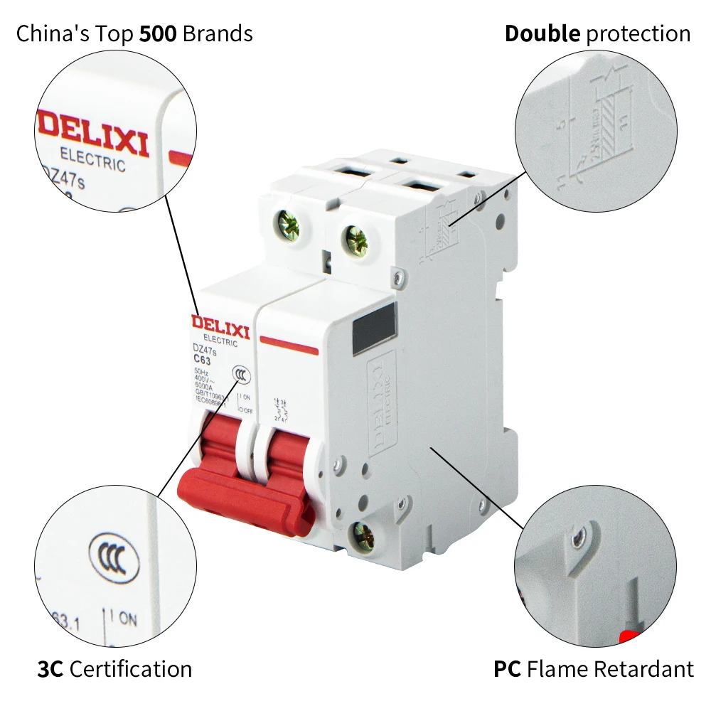DELIXI AC MCB Circuit Breaker DZ47s 1P 2P 3P 4P 6A-125A 230/400V C Curve 6KA Overload Protection Switch Industrial Control Box