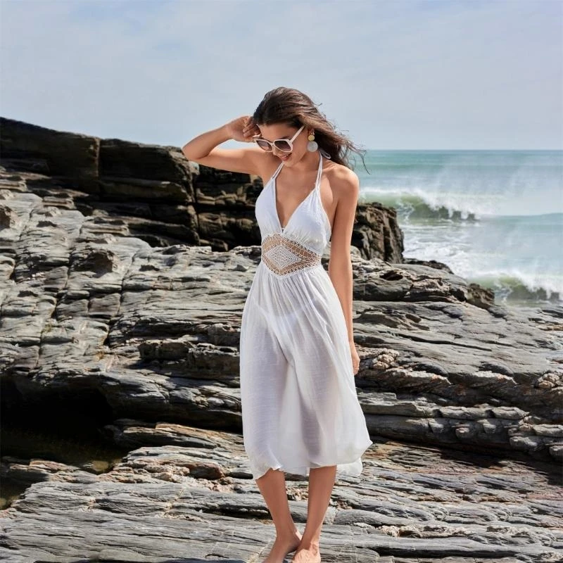 White Adjustable Tie Beach Dress Backless Travel Beachwear for Swimming Pool JOME