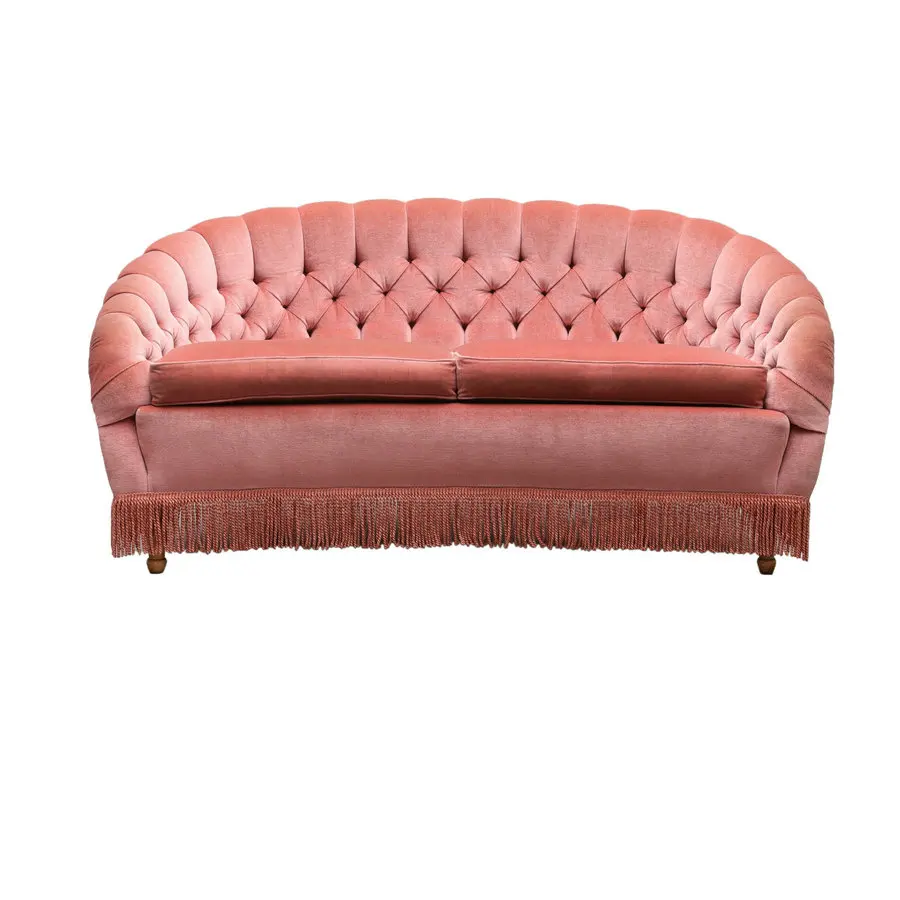 #Swedish Modern pink Velvet Curved Sofa with Fringe Living Room Tufted Small 2 Seater Couch Tassels Farmhouse Loveseat for Sale