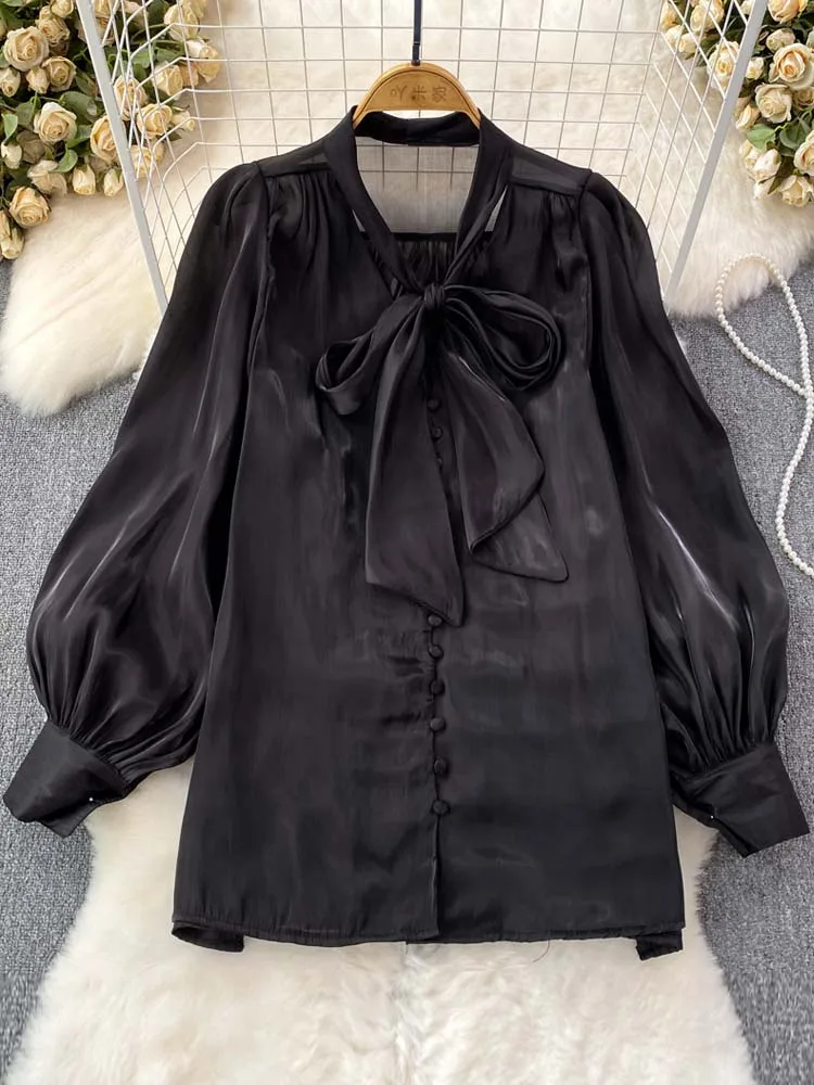 Vintage Women Puff sleeve tops Bow tie collar shirt 2024 Spring summer Solid Soft glossy Button-up blouse Streetwear INKEO 4T027