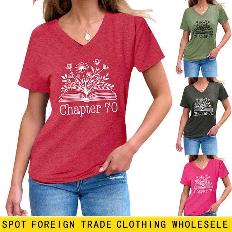 

Summer new V-neck short-sleeved T-shirt with floral and plant prints, loose and slimming top for women