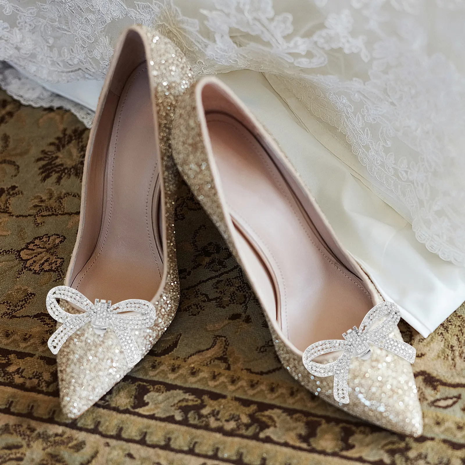 1Pair Shining Rhinestone Bow Shoe Clips Crystal Clip on Shoe Embellishments for Women Dress Shoes Wedding Bridal Formal Occasion
