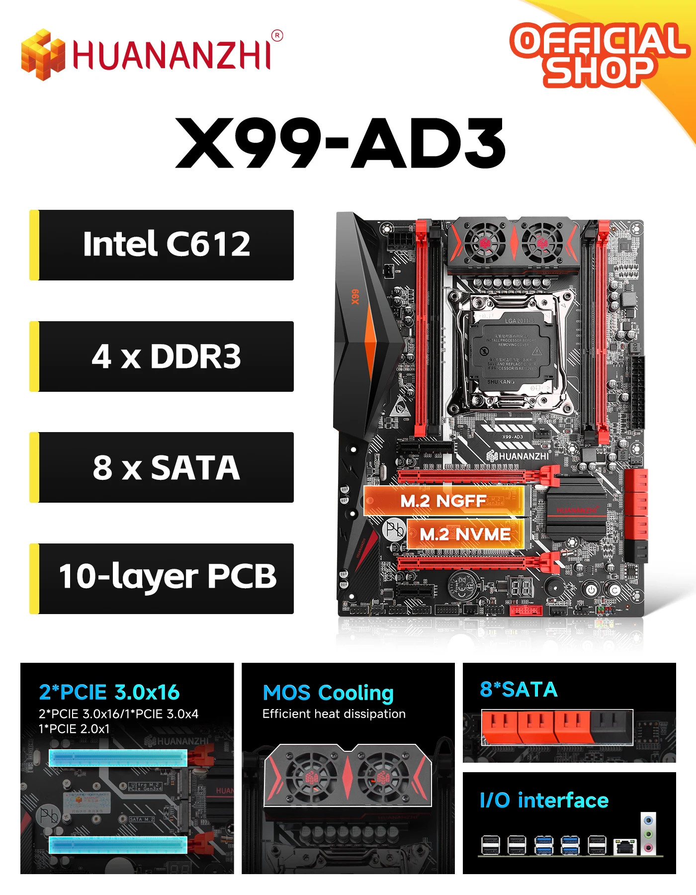 

HUANANZHI X99-AD3 V3.0 Motherboard LGA2011-3 Xeon E5 v3/v4 4*DDR3 128GB NVME M.2 PCIE 3.0 ATX