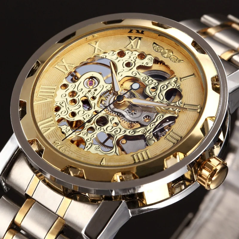 

Free Shipping OUTLETS18Colors WINNER Men's Fashion Business Casual Hollow Room Gold Watchband Manual Mechanical Watch