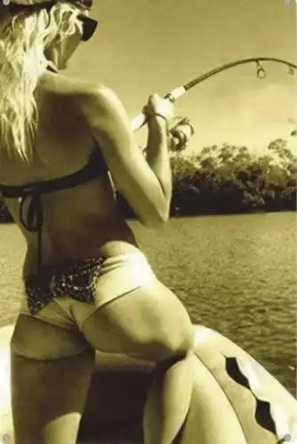 FISHING PIN UP GIRL METAL TIN SIGN  GIRL SHOWING BEHING FISHING POLE ON BOAT sign