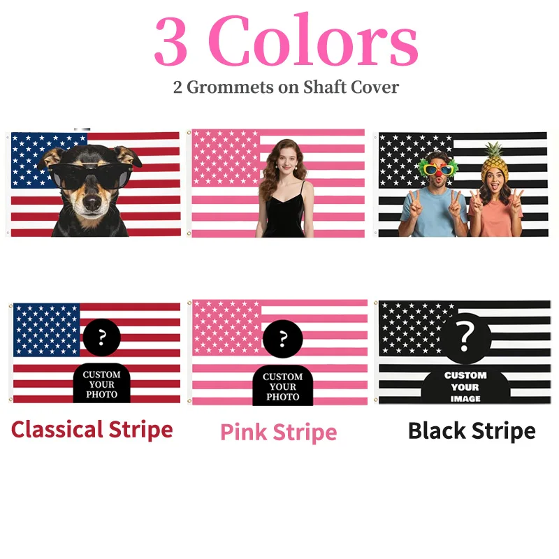 1pc Custom 3 Colors Pink/ Black/ Classical American Flag Banner,2 Grommets on Shaft Cover, 3 Sizes 60x90cm/ 100x150cm/ 120x180cm