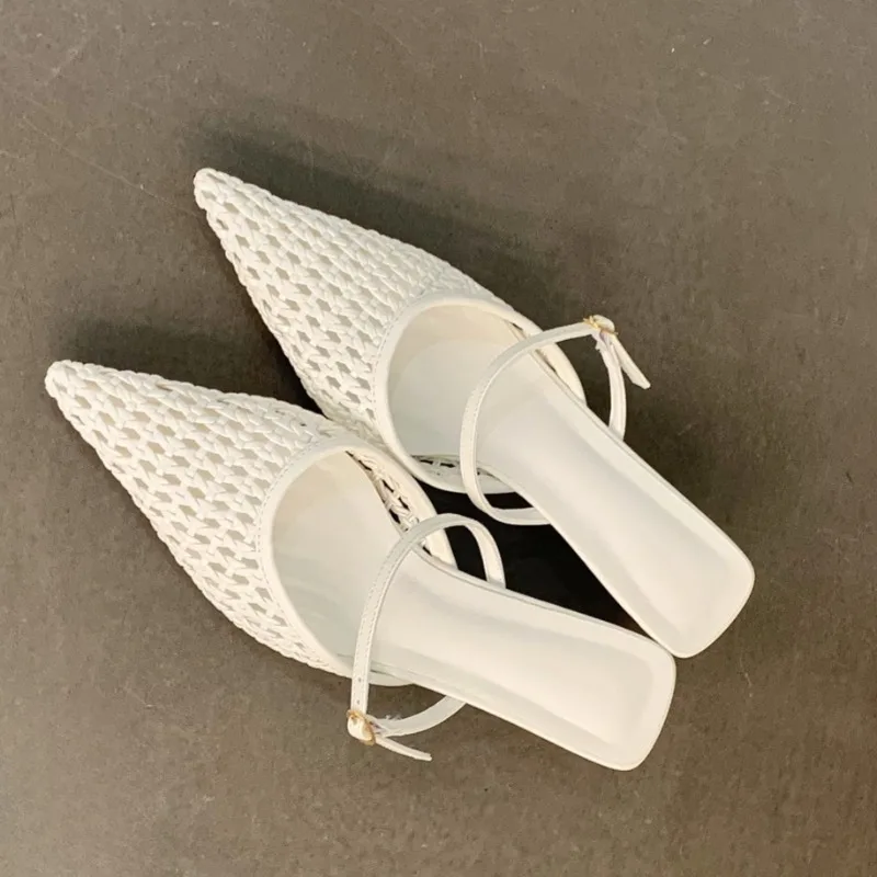 

2026 Weave Designer Pointed Toe Women Slides Fashion Breathable High Heels Slippers Belt Buckle Elegant Stiletto Sandals Ladies
