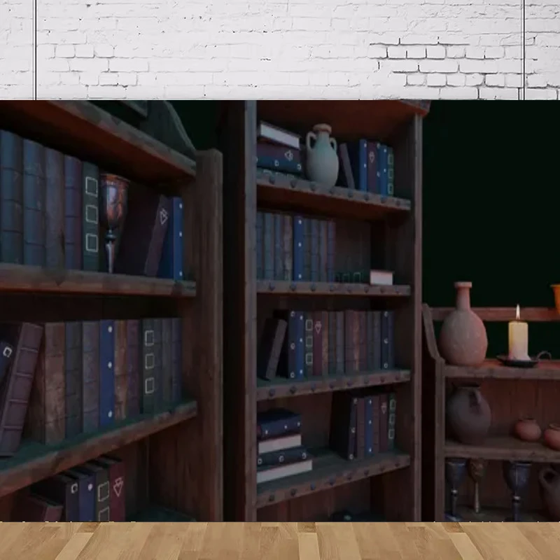 Medieval Library Photography Backdrop Old Books And Cobweb-Covered Bookshelves Wizard Magic Bookshelf Background Halloween Party