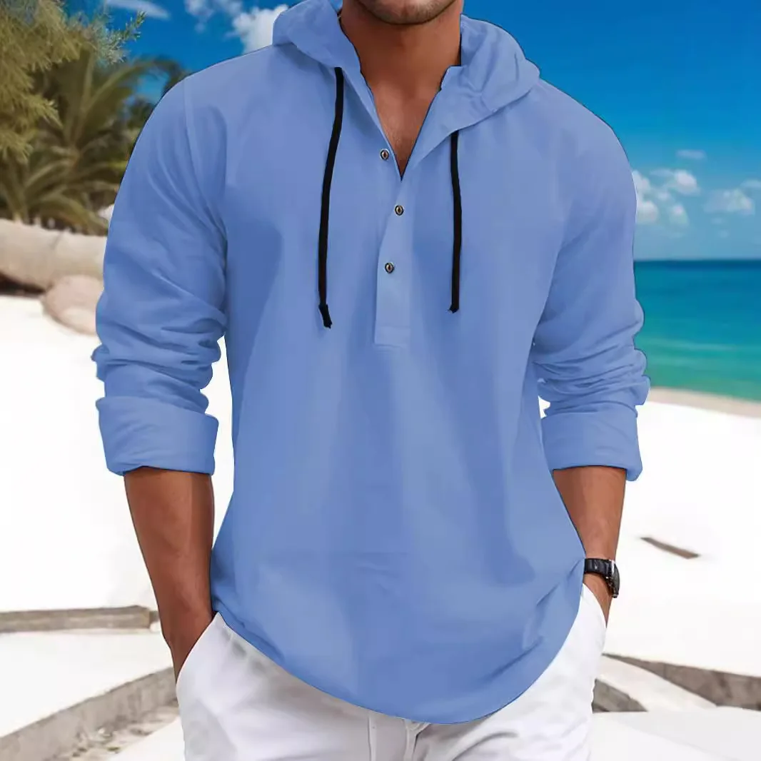 Fall 2024 New Casual Men's Pearl Cotton Small Twill Hooded Button-Up Shirt