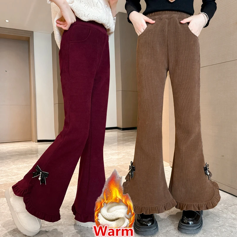 Slim Fit Child Insulated Winter Warm Flared Pants for Tween Girl Elegant Thermal Trousers Kids Fashion Bootcut Velvet Sweatpants