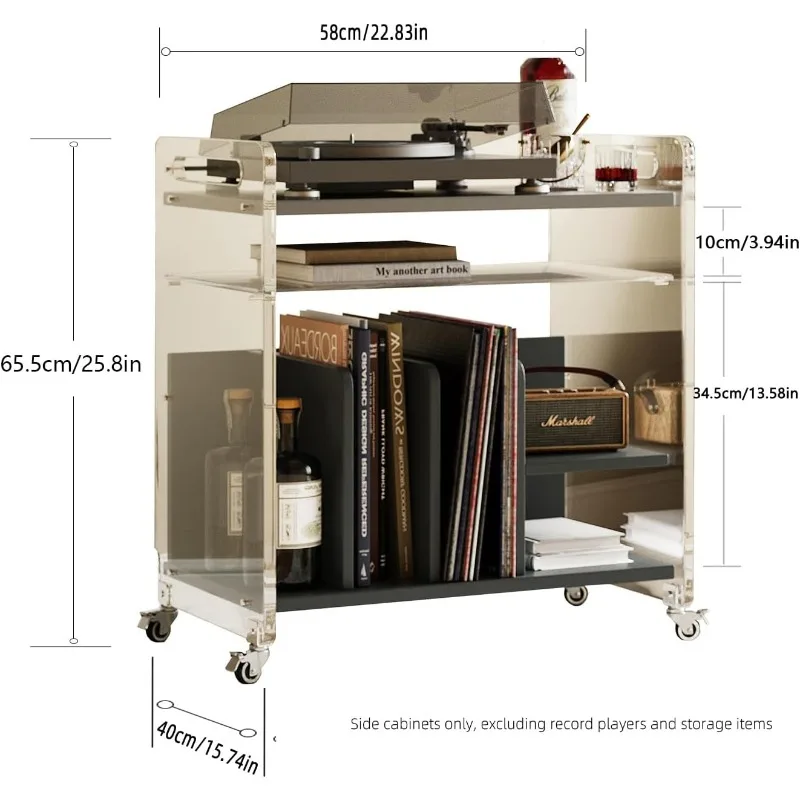 Suporte para toca-discos, armário de suporte de armazenamento de vinil com rodas, estrutura acrílica com prateleira, mesa de café, extremidade móvel