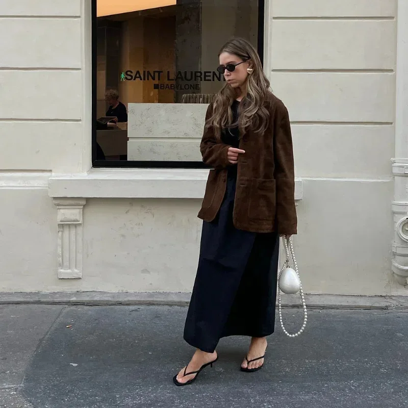 

Turn-down Collar Suede Button Jacket2025European American New Fashion Retro Women's Autumn and Winter