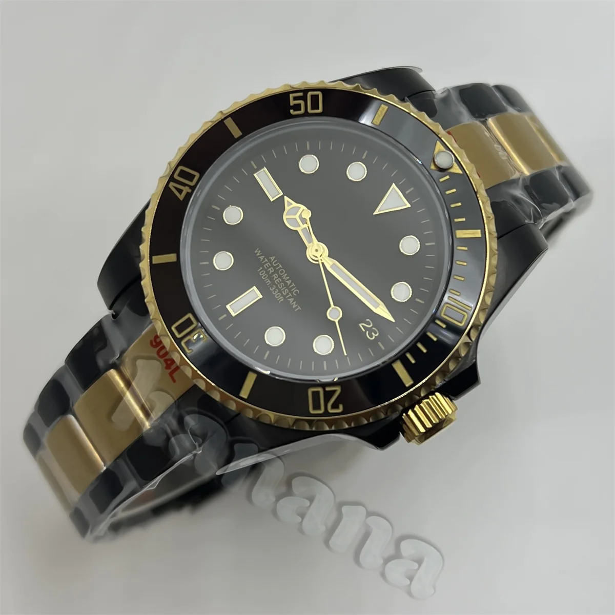 Мужские автоматические механические наручные часы Bliger Nh35A, 40 мм, роскошный золотой, черный корпус, браслет, керамический безель, сапфировое стекло