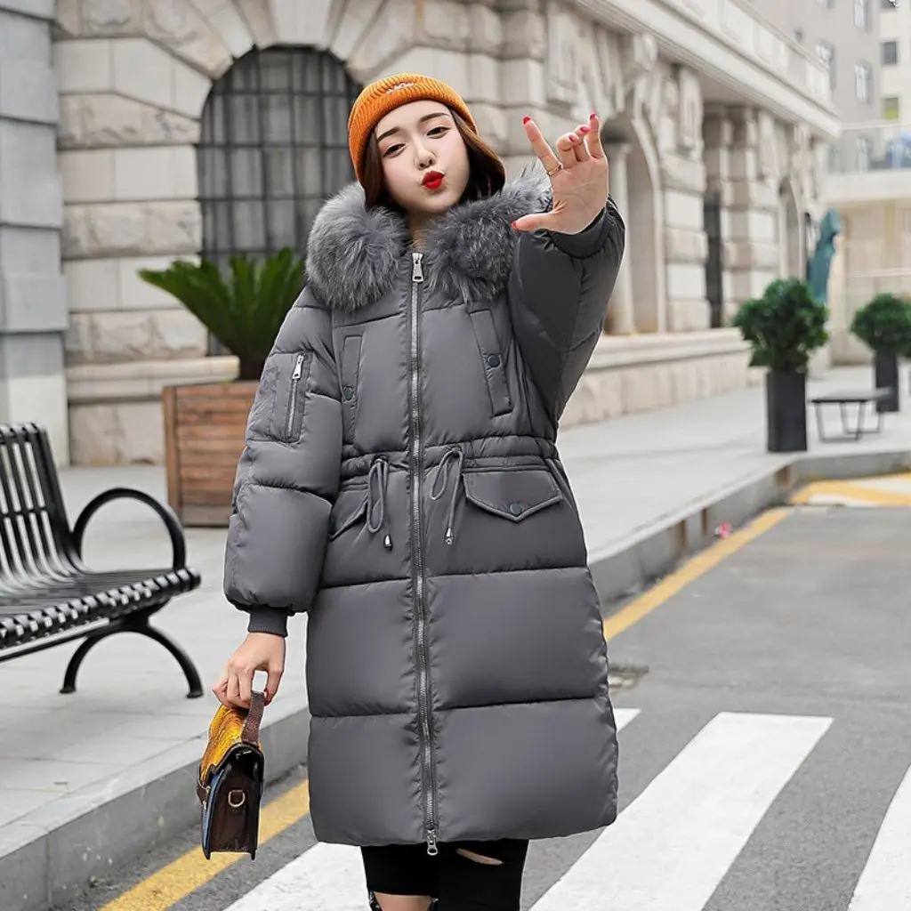 

Women's Korean Style down Cotton-padded Jacket Mid-Length Bread Clothing Large Wool Collar Thickened Winter Coat