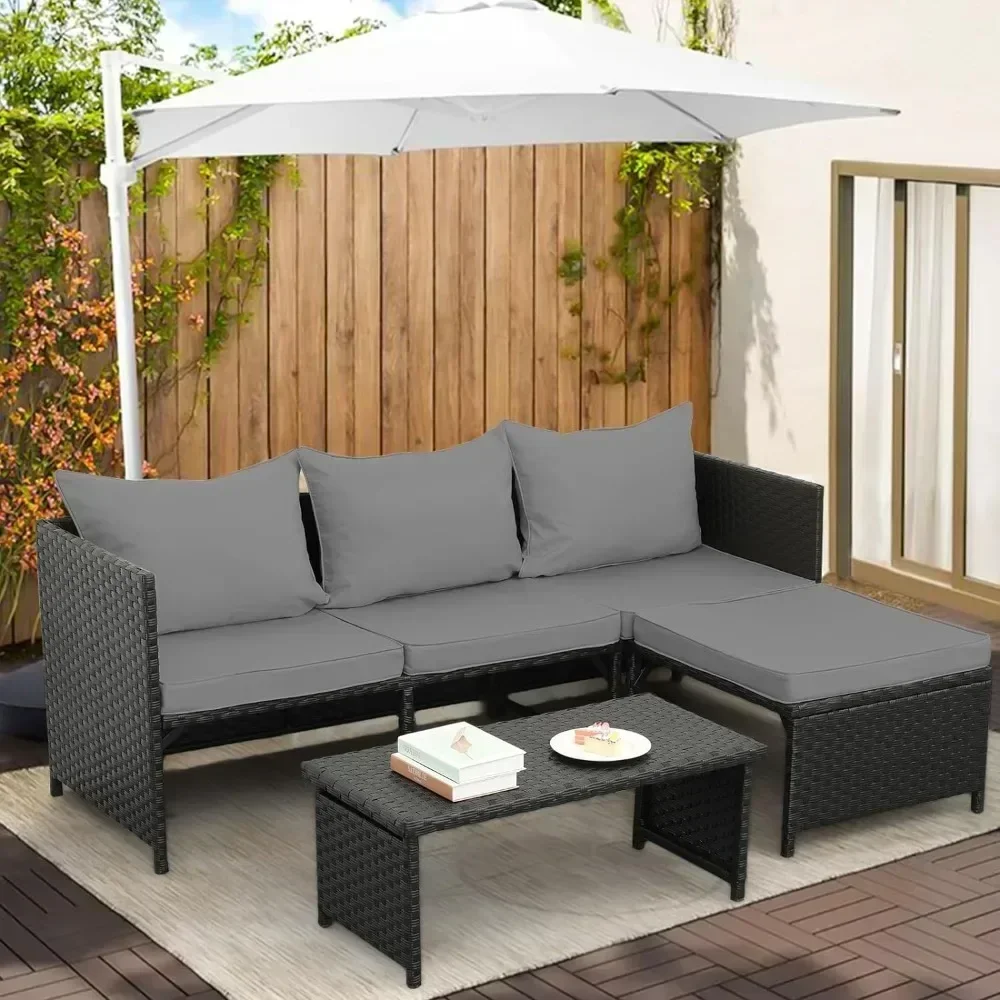 

L # For Outdoor PE Rattan Furniture Set Patio Black Wicker Conversation Loveseat Sofa Sectional Couch Gray Cushion Garden Sofas