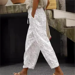 Harajuku Vintage Straight Women Trousers New Autumn Embroidery Flower Lace Office Trousers Summer Waist Tie Up Pocket Pants 2024