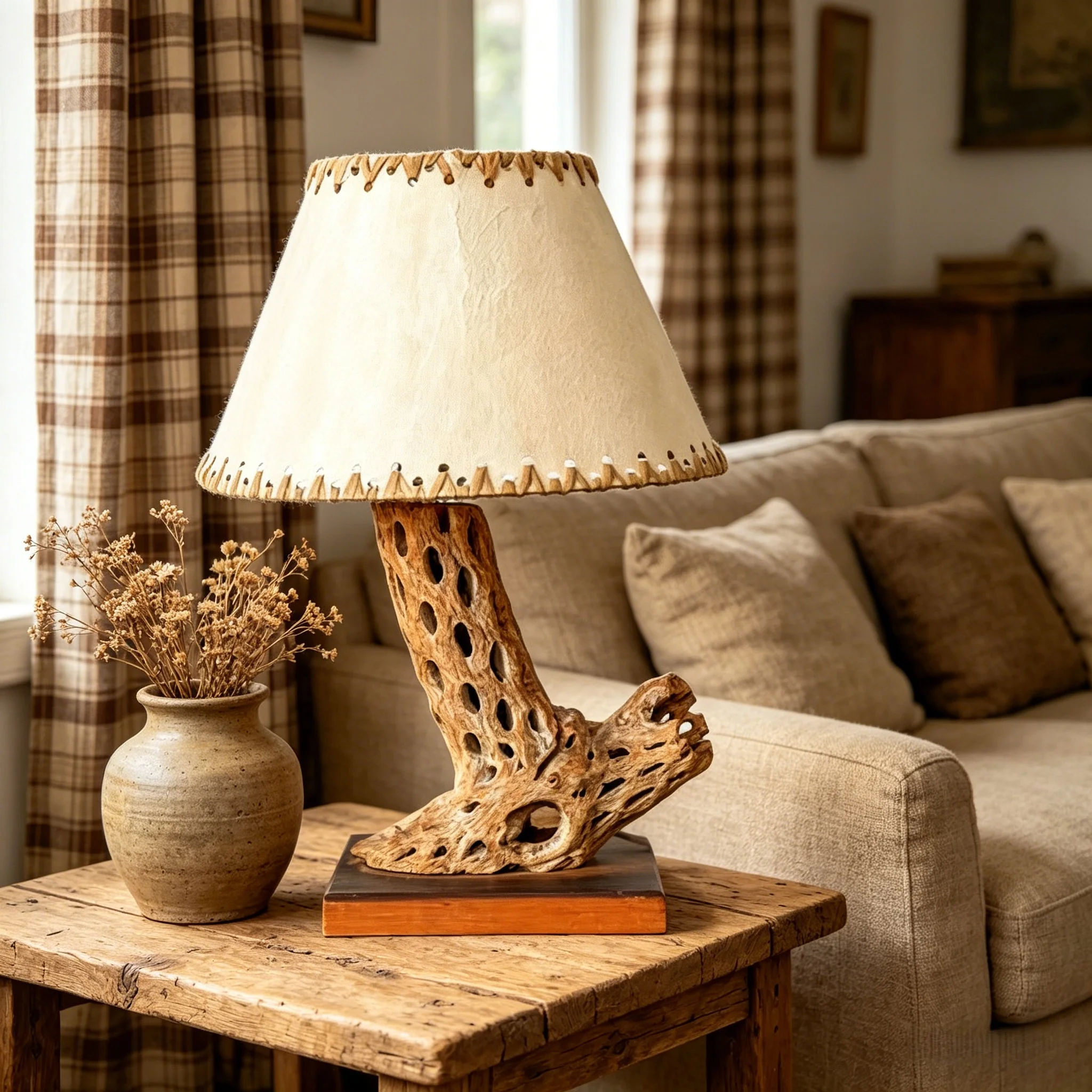 ！@Rustic Wood Craft Lamp H50cm Engraved Perforated Tree Branch Base Embellished Shade Freestanding Artistic Home Decor