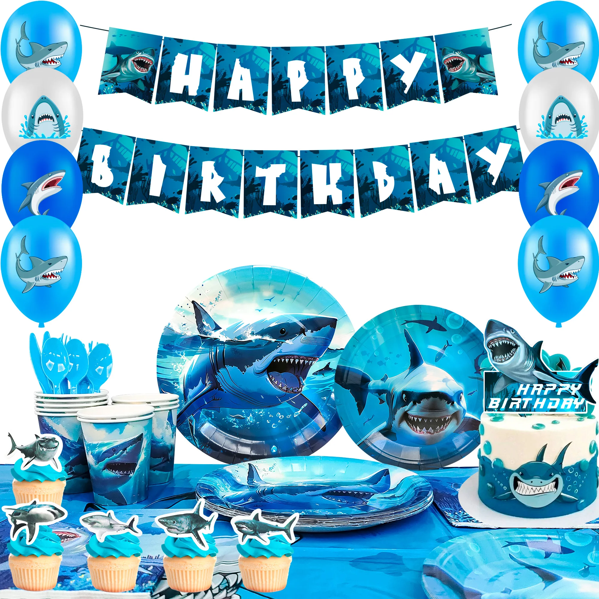 

Shark Party Supplies,111 Pcs Shark Birthday Party Decorations & Shark Party Tableware Set -Plates and Napkins Tablecloths