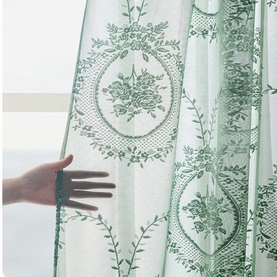 American Ink Green Peony Jacquard Lace Gauze Curtains For Bedroom Retro Tulle Curtains Window Treatments Drapes For Living Room