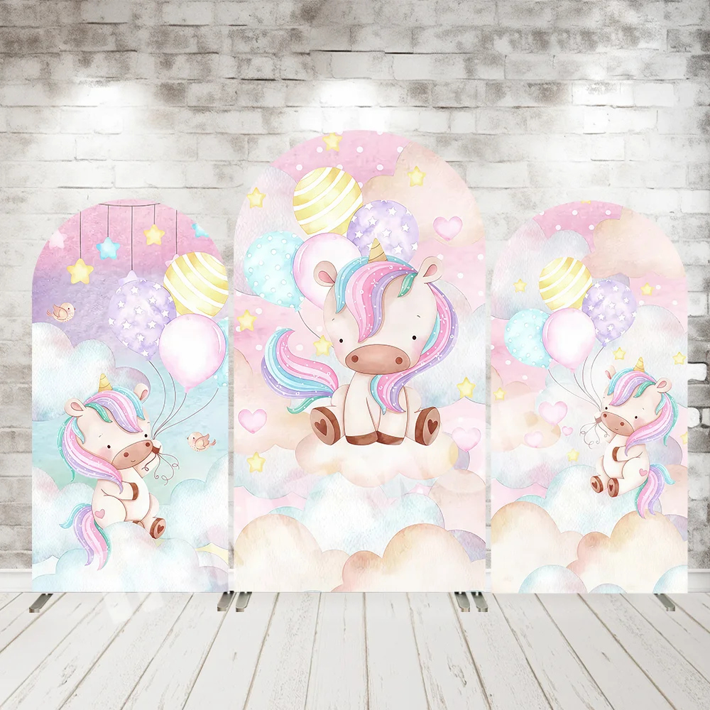 

Радужный Единорог, арка, настенные панели, фон для девочек, облака, звезды, воздушные шары, детский душ, фон для первого дня рождения, крышка арки