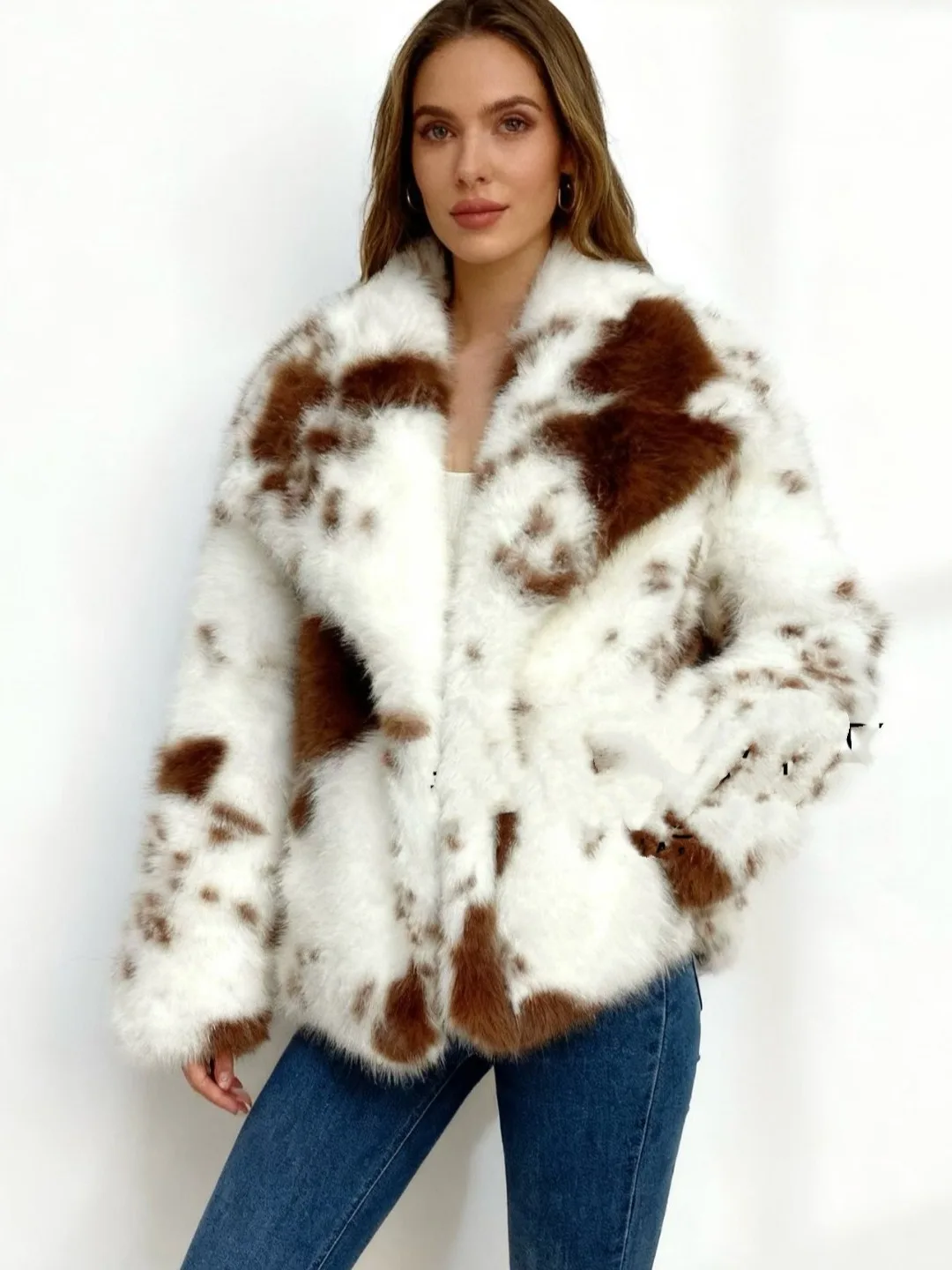 Nuevo abrigo de invierno de piel de vaca cálida con cuello grande para mujer, Top moderno y cálido de fibra de poliéster, cintura alta...