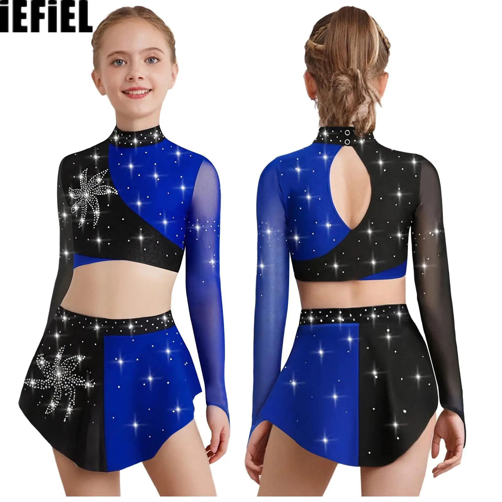 

Kids Girls Color Block Dance Sets Lyrical Sheer Mesh Long Sleeves Keyhole Back Shiny Rhinestones Crop Top with Skirt
