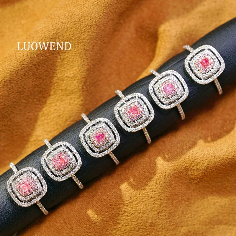 LUOWEND 100% 18K White Gold Rings Fashion Square Shape Real Natural Pink Diamond Engagement Ring for Women High Wedding Jewelry