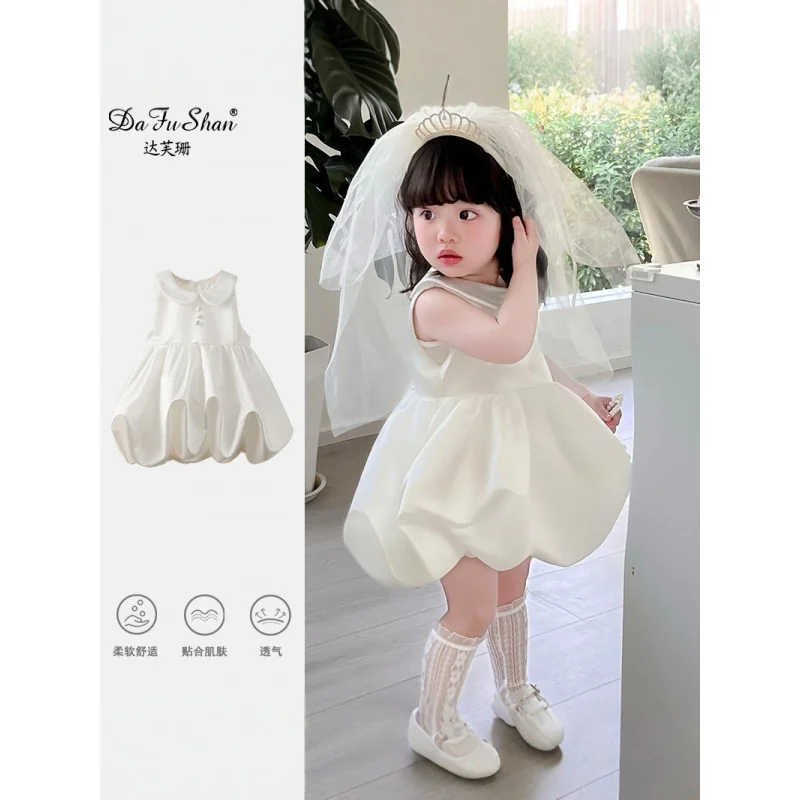 

Girls' White Princess Dress for First Birthday, New Spring Style Children's Birthday Flower Girl Puffy Dress with Veil